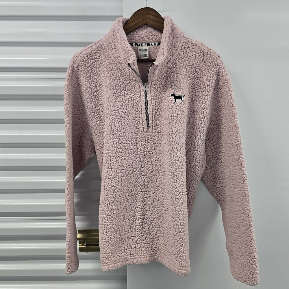 PINK Victoria's Secret Sherpa Fleece Quarter Zip Pullover Women's L Dog Logo